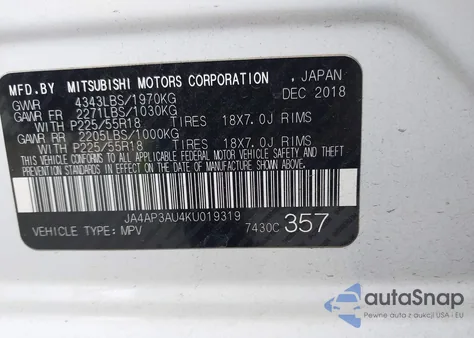 2019 Mitsubishi Outlander Sport 2.0 Es из США, поврежденный, VIN JA4AP3AU4KU019319